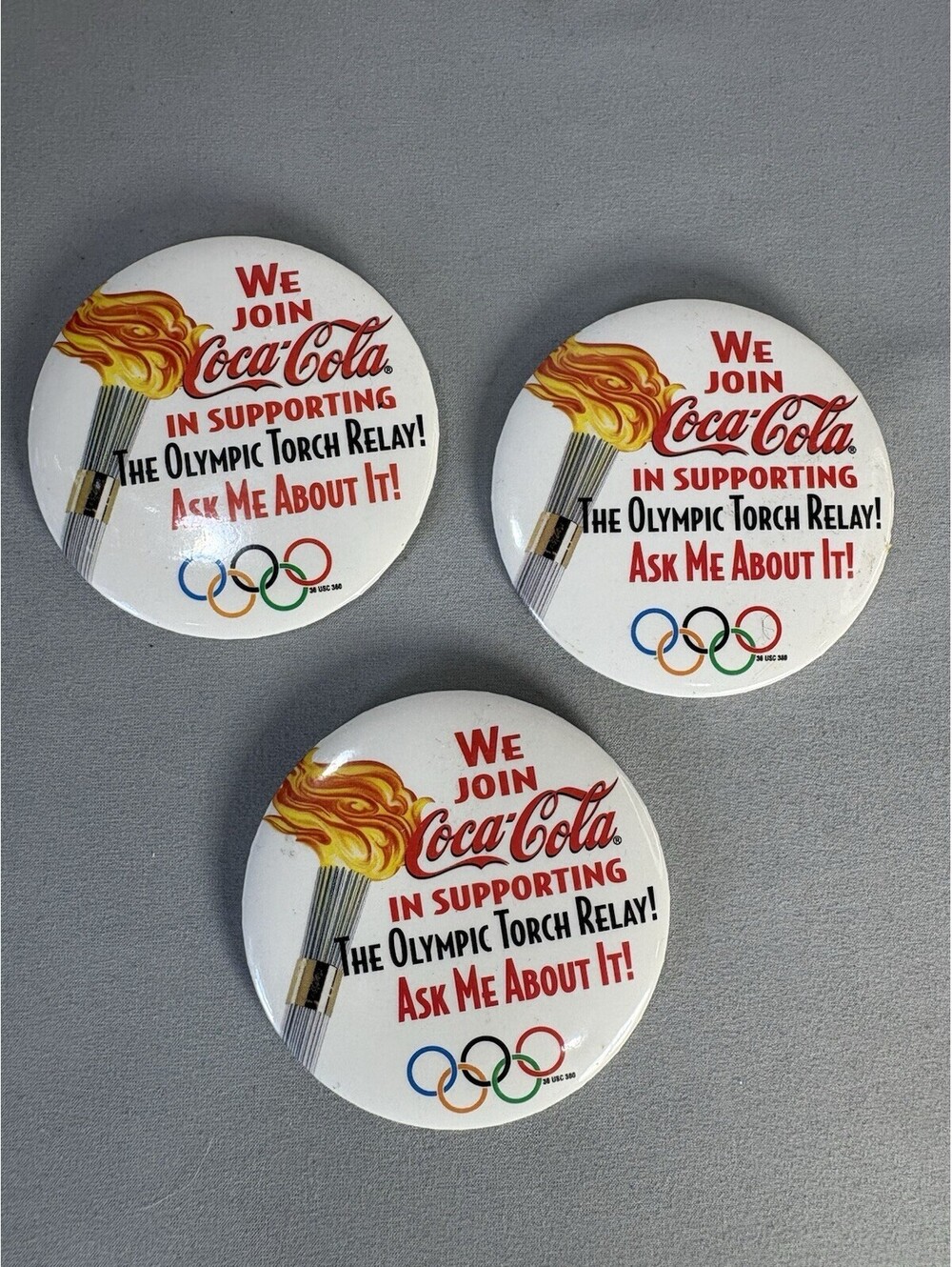 VTG 1996 Atlanta Olympics Coca Cola Torch Relay 3in Pinback Buttons Lot of 3